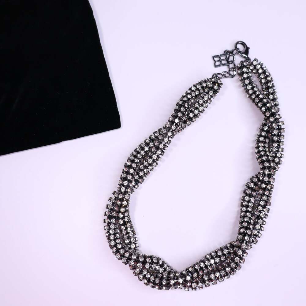 BCBGMAXAZRIA Twisted Chainmail Statement Necklace Gunmetal Prong Set CZ Stones
